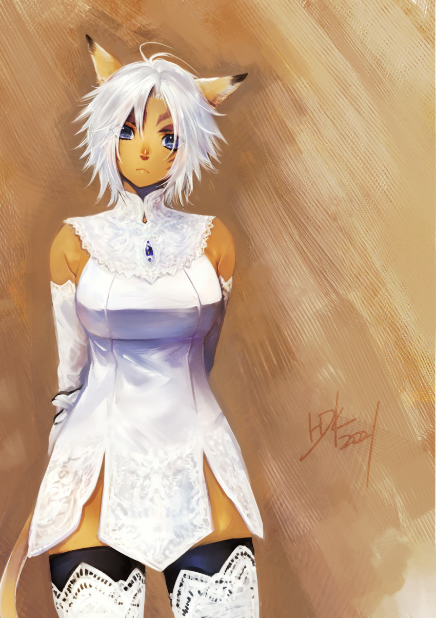 1girl animal_ears bangs blue_eyes breasts cat_ears cat_girl cat_tail cowboy_shot doraeshi dress elbow_gloves facial_mark final_fantasy final_fantasy_xi gloves highres looking_at_viewer medium_breasts mithra short_hair simple_background solo tail thigh-highs whisker_markings white_dress white_gloves white_hair
