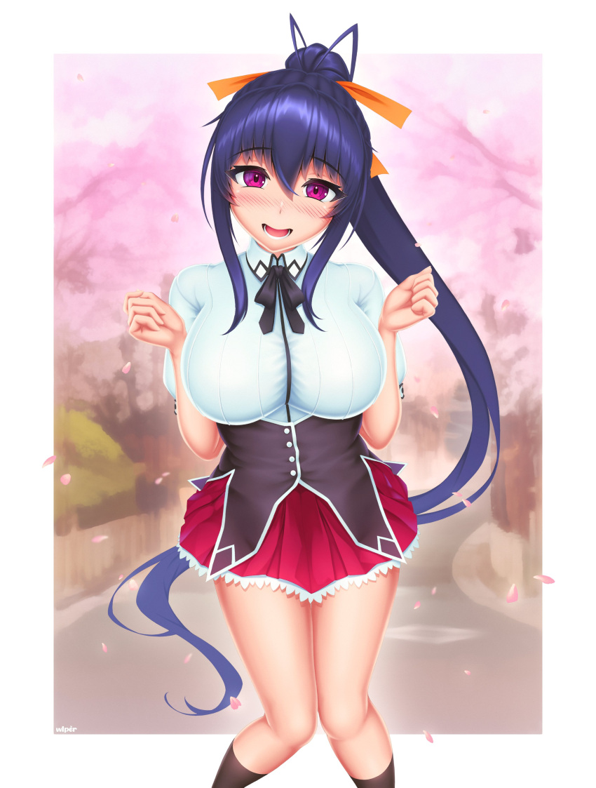 1girl :d absurdres artist_name bangs blue_hair blush breasts cherry_blossoms commentary english_commentary eyebrows_visible_through_hair hair_between_eyes hair_ribbon high_school_dxd highres himejima_akeno huge_filesize kuoh_academy_school_uniform large_breasts long_hair looking_at_viewer open_mouth petals ponytail ribbon school_uniform short_sleeves skirt smile socks solo standing very_long_hair violet_eyes wlper wlper