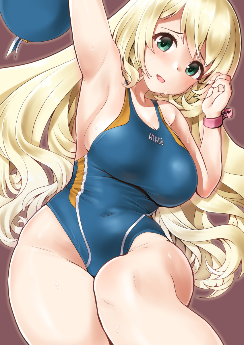 1girl absurdres alternate_costume arm_up armpits atago_(kancolle) bare_arms bare_legs bare_shoulders beret blonde_hair blue_swimsuit blush bracelet breasts collarbone commentary_request competition_swimsuit covered_navel cowboy_shot green_eyes hat highleg highleg_swimsuit highres jewelry kantai_collection large_breasts long_hair looking_at_viewer minase_(takaoka_nanase) one-piece_swimsuit open_mouth sideboob simple_background smile solo sweat swimsuit