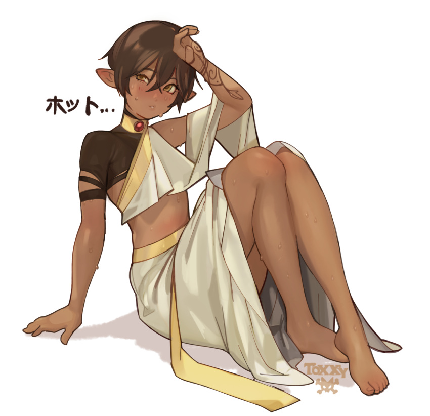 1boy arm_support arm_tattoo bare_legs blush brown_hair dark-skinned_male dark_skin elf full_body highres legs male_focus original otoko_no_ko parted_lips pointy_ears short_hair simple_background sitting solo sweat tattoo toxxy white_background