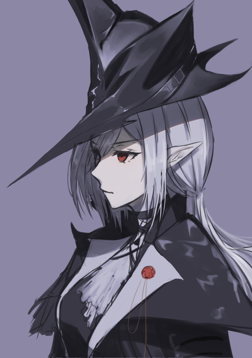 1girl arknights ascot black_coat black_dress black_headwear closed_mouth coat commentary dress expressionless floating_hair from_side gladiia_(arknights) gothic hat high_collar highres lan_qiandai looking_away pointy_ears pointy_hat profile red_eyes silver_hair solo upper_body white_neckwear