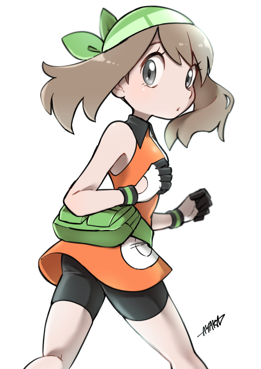 1girl absurdres ayakadegozans bangs bare_arms bike_shorts brown_hair collared_dress commentary_request dress eyelashes fanny_pack gloves green_bag green_bandana grey_eyes highres kneepits looking_at_viewer looking_back may_(pokemon) orange_dress pokemon pokemon_(game) pokemon_emerald pokemon_rse short_dress signature simple_background solo white_background