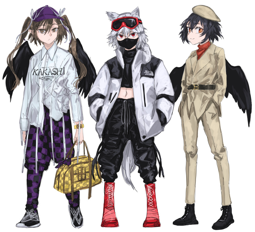 3girls adapted_costume alternate_costume animal_ears bag beige_jacket beige_pants belt bird_wings black_footwear black_pants black_shirt black_wings boots cabbie_hat checkered eyewear_on_head formal handbag hat highres himekaidou_hatate inubashiri_momiji jacket jichou_senshi long_sleeves midriff multiple_girls navel orange_sweater pants purple_headwear purple_pants red_eyes red_footwear red_headwear shameimaru_aya shirt shoes short_hair silver_hair sneakers suit suit_jacket sweater tail tokin_hat touhou turtleneck twintails white_jacket white_shirt wings wolf_ears wolf_tail