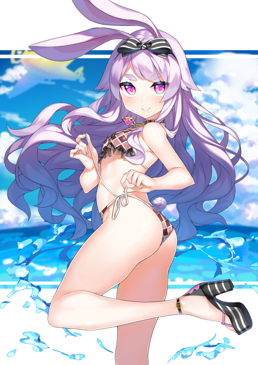 1girl absurdres animal_ears ass bare_arms bare_legs bare_shoulders bikini black_bow black_footwear blue_sky bow breasts brown_bikini bunny_tail closed_mouth clouds collar day dreamlist glint hair_bow heart high_heels highres light_smile looking_at_viewer ocean original outdoors plaid plaid_bikini purple_hair rabbit_ears rabbit_girl shoes side-tie_bikini sky small_breasts solo string_bikini summer swimsuit tail thick_eyebrows violet_eyes wavy_hair