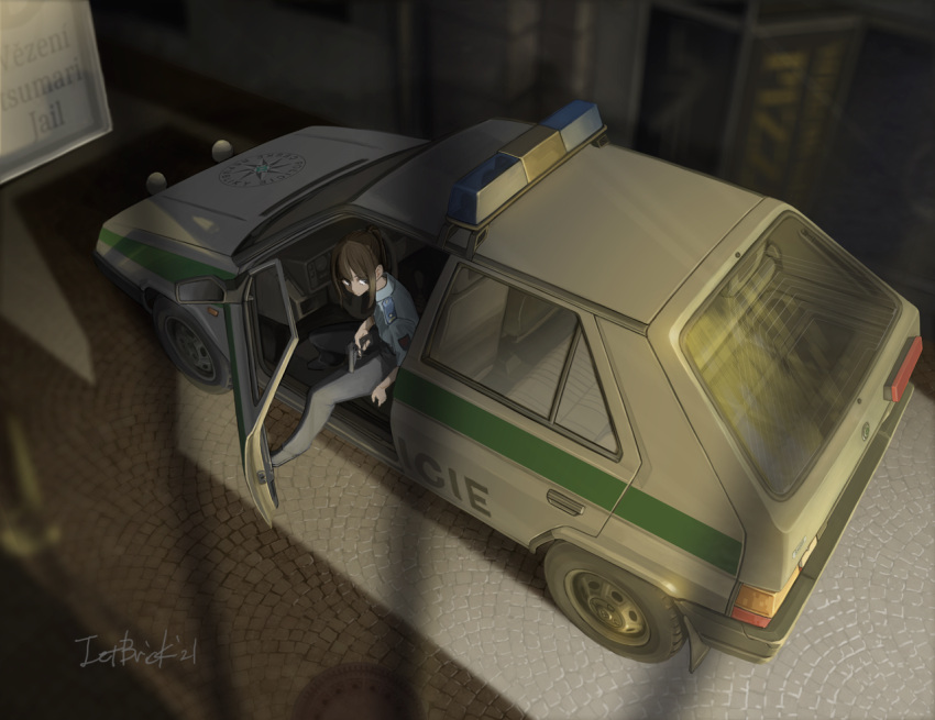 1girl artist_name bangs blue_shirt brown_hair car collared_shirt czech_republic from_above ground_vehicle gun handgun holding holding_gun holding_weapon jettoburikku motor_vehicle original pistol police police_car ponytail shirt sitting solo tied_hair vehicle_focus vehicle_request weapon