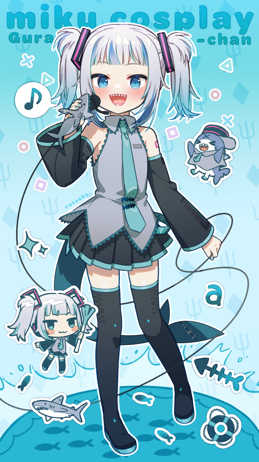 1girl bangs blue_eyes blue_hair cosplay fish_tail gawr_gura hatsune_miku hatsune_miku_(cosplay) highres hololive hololive_english looking_at_viewer multicolored_hair open_mouth shark_tail sharp_teeth silver_hair smile streaked_hair tail teeth twintails uchako virtual_youtuber vocaloid