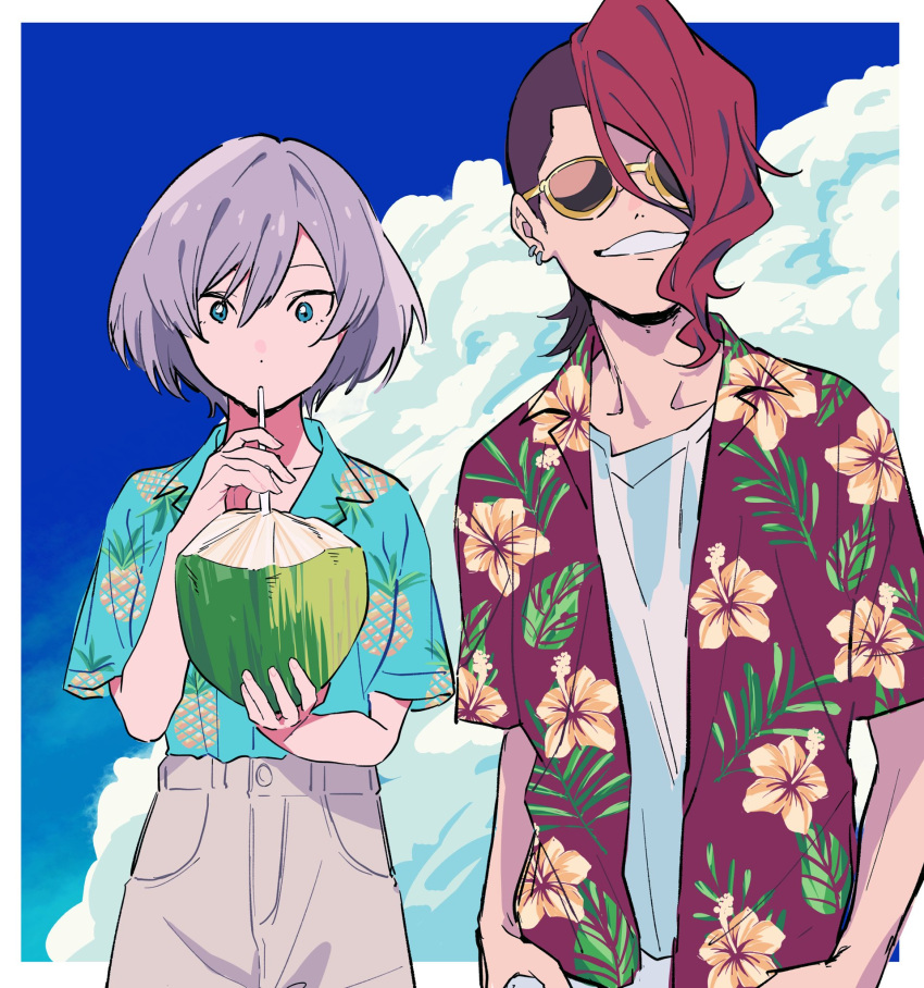 1boy 1girl blue_eyes brown_hair coconut drinking drinking_straw ear_piercing food fruit glasses gridman_universe hair_over_one_eye hawaiian_shirt highres hinakoro_(b_pxxb) mujina onija piercing redhead shirt short_sleeves ssss.dynazenon sunglasses