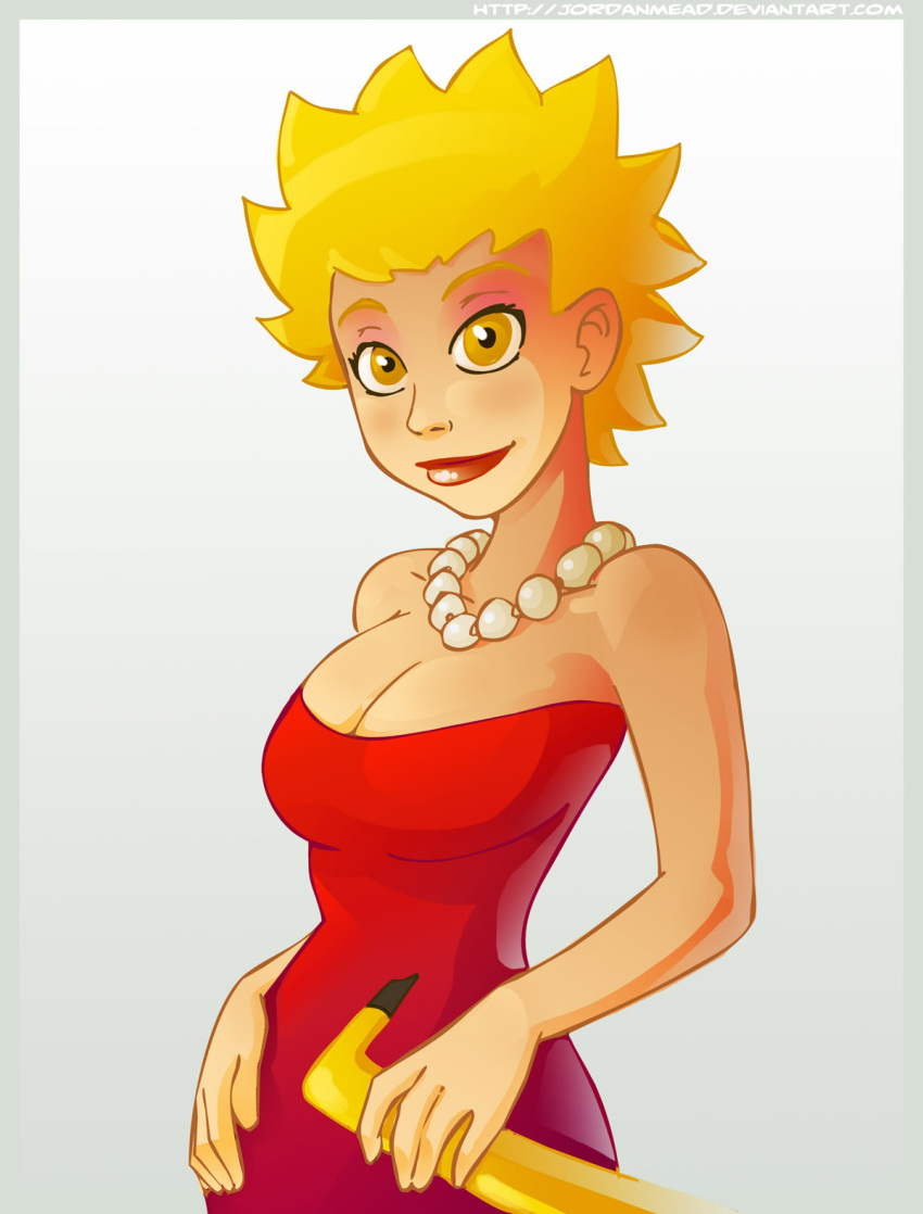 blonde_hair breasts eyebrows human lips lisa_simpson necklace red_clothing the_simpsons yellow_eyes