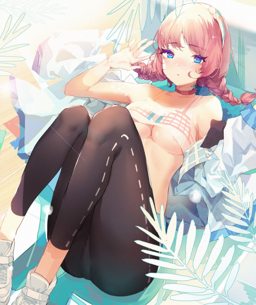 1girl arknights bangs bare_shoulders black_pants blue_eyes blue_poison_(arknights) blue_poison_(shoal_beat)_(arknights) blush braid breasts choker commentary eyebrows_visible_through_hair highres jacket knees_up long_hair long_sleeves looking_at_viewer lying medium_breasts midriff official_alternate_costume on_back pants pink_choker pink_hair shoes solo sports_bra stomach symbol_commentary twin_braids under_boob white_footwear white_jacket xiongshouji
