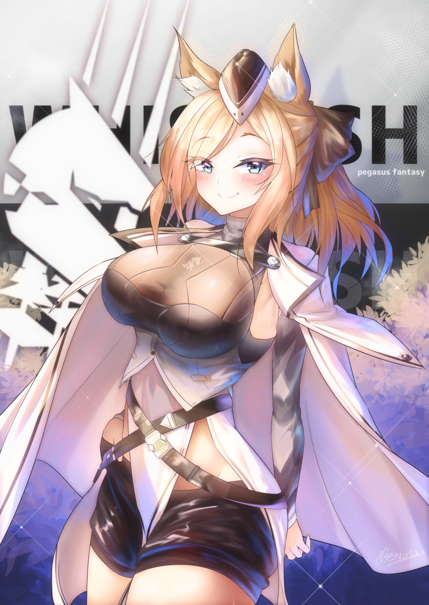 1girl animal_ear_fluff animal_ears arknights bangs black_headwear black_shorts black_sweater blonde_hair blue_eyes breasts cape character_name closed_mouth cowboy_shot eyebrows_visible_through_hair fang grey_background hair_between_eyes hat highres horse_ears horse_girl kingdom_of_kazimierz_logo large_breasts long_hair mini_hat ntk_nartaku shorts smile solo sweater thighs whislash_(arknights) white_cape