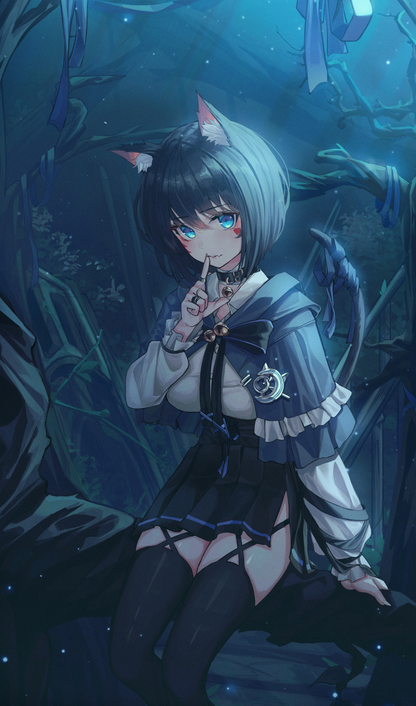 1girl absurdres animal_ear_fluff animal_ears bell black_bow black_choker black_hair black_skirt blue_capelet blue_eyes bow breasts capelet cat_ears cat_girl cat_tail choker collared_shirt domi_(hongsung0819) eyebrows_visible_through_hair finger_to_mouth hair_between_eyes highres huge_filesize jingle_bell long_sleeves looking_at_viewer neck_bell original pleated_skirt puffy_long_sleeves puffy_sleeves shirt short_hair shushing simple_background sitting skirt solo tail thigh-highs tree_branch white_shirt
