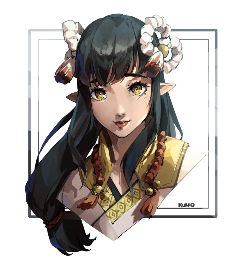 1girl bangs black_gloves black_hair blunt_bangs closed_mouth eyebrows_visible_through_hair fewer_digits gloves hair_ornament highres japanese_clothes kuno_(runkunochan) long_hair looking_at_viewer minoto monster_hunter_(series) monster_hunter_rise pointy_ears sidelocks smile solo yellow_eyes