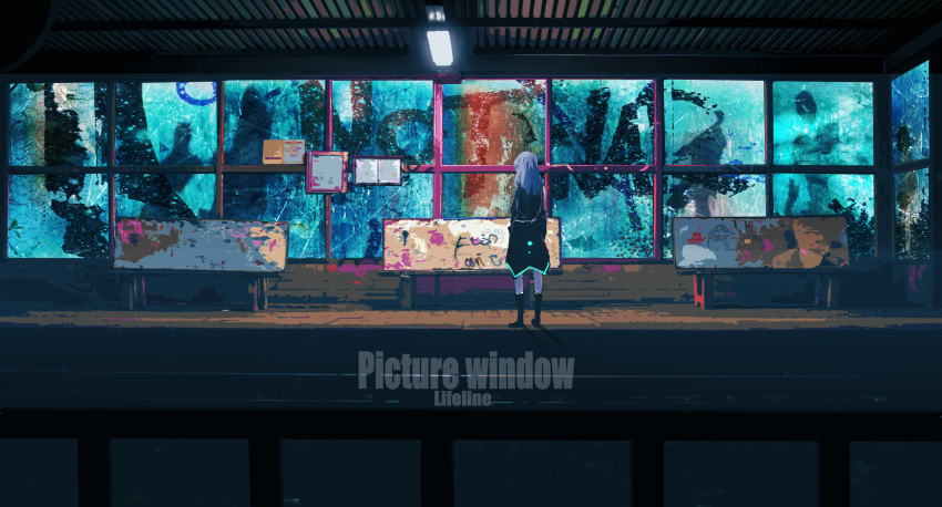 1girl absurdres bench black_coat black_legwear ceiling_light coat commentary_request facing_away from_behind graffiti highres indoors kneehighs lifeline_(a384079959) long_hair neon_trim original scenery solo standing white_hair wide_shot window