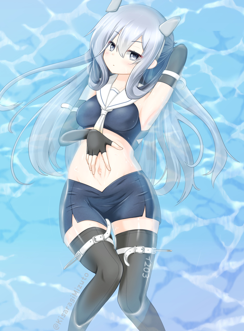 1girl absurdres afloat armpits black_gloves black_legwear breasts crop_top elbow_gloves gloves gradient_neckwear highres horned_headwear i-203_(kancolle) kantai_collection kisaragi_mizuto light_blue_eyes light_blue_hair long_hair sailor_collar small_breasts solo spread_navel thigh-highs white_neckwear white_sailor_collar yellow_neckwear
