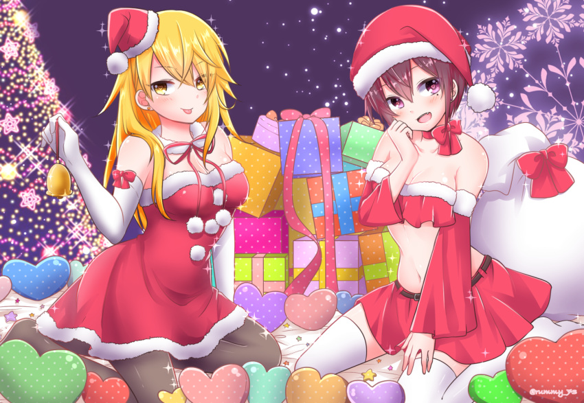 2girls blonde_hair bow bowtie breasts christmas christmas_gift christmas_tree gift hat long_hair multiple_girls niconico night night_sky purple_hair rummy_73 santa_costume santa_hat senko_(urashimasakatasen) senra_(singer) shima_(niconico) shimako_(urashimasakatasen) short_hair skirt sky thigh-highs tongue urashimasakatasen utaite_(singer) yellow_eyes