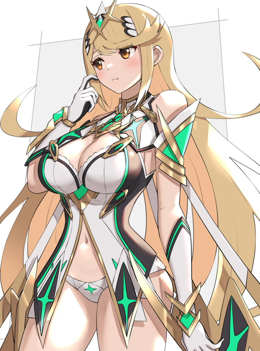 1girl absurdres alternate_costume bangs bare_legs bare_shoulders blonde_hair breasts chest_jewel cleavage_cutout clothing_cutout earrings elbow_gloves gloves gonzarez highres jewelry large_breasts long_hair mythra_(xenoblade) prototype solo swept_bangs thigh_strap tiara very_long_hair white_gloves xenoblade_chronicles_(series) xenoblade_chronicles_2 yellow_eyes