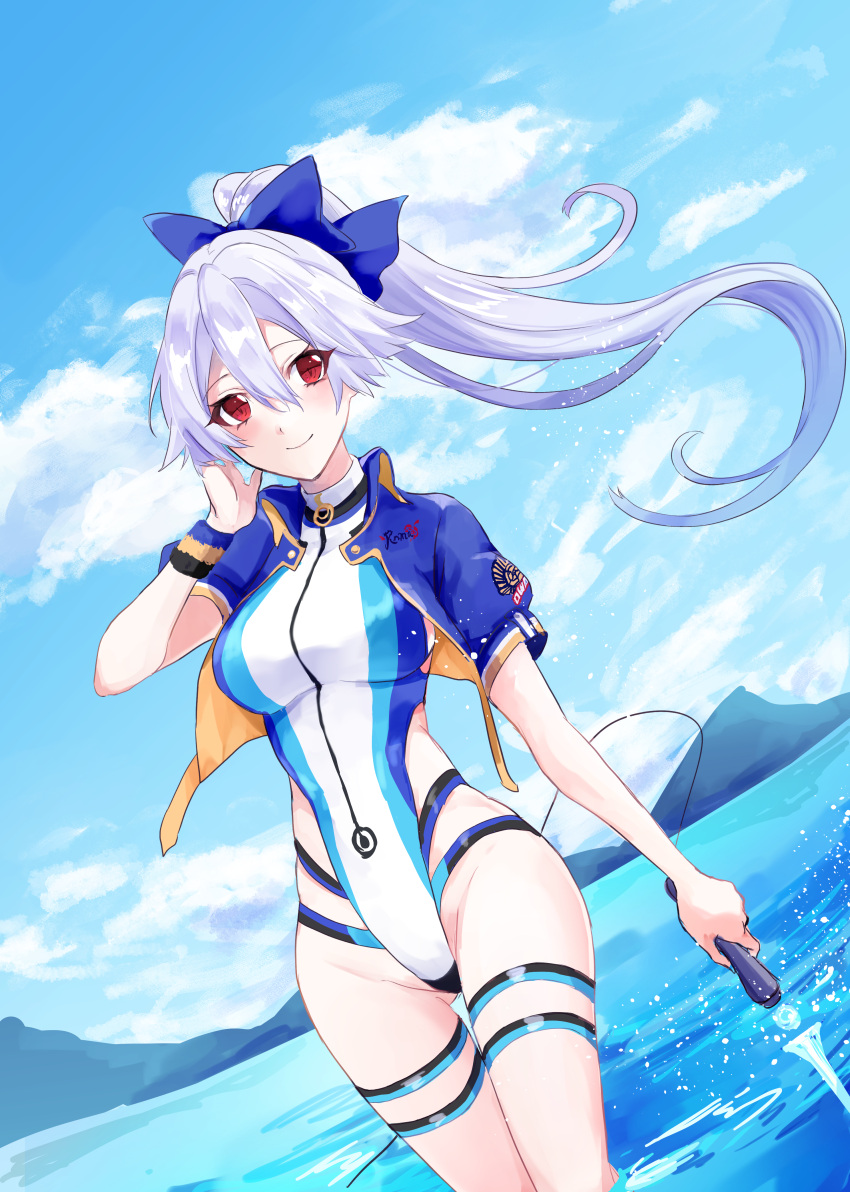 1girl absurdres blue_bow blue_jacket blue_sky blue_swimsuit bow breasts clouds day energy_sword fate/grand_order fate_(series) hair_bow high_ponytail highleg highleg_swimsuit highres jacket medium_breasts multicolored multicolored_clothes multicolored_swimsuit one-piece_swimsuit opensesamer outdoors ponytail red_eyes short_sleeves silver_hair sky solo striped_wristband swimsuit sword tomoe_gozen_(swimsuit_saber)_(fate) two-tone_swimsuit wading weapon white_swimsuit