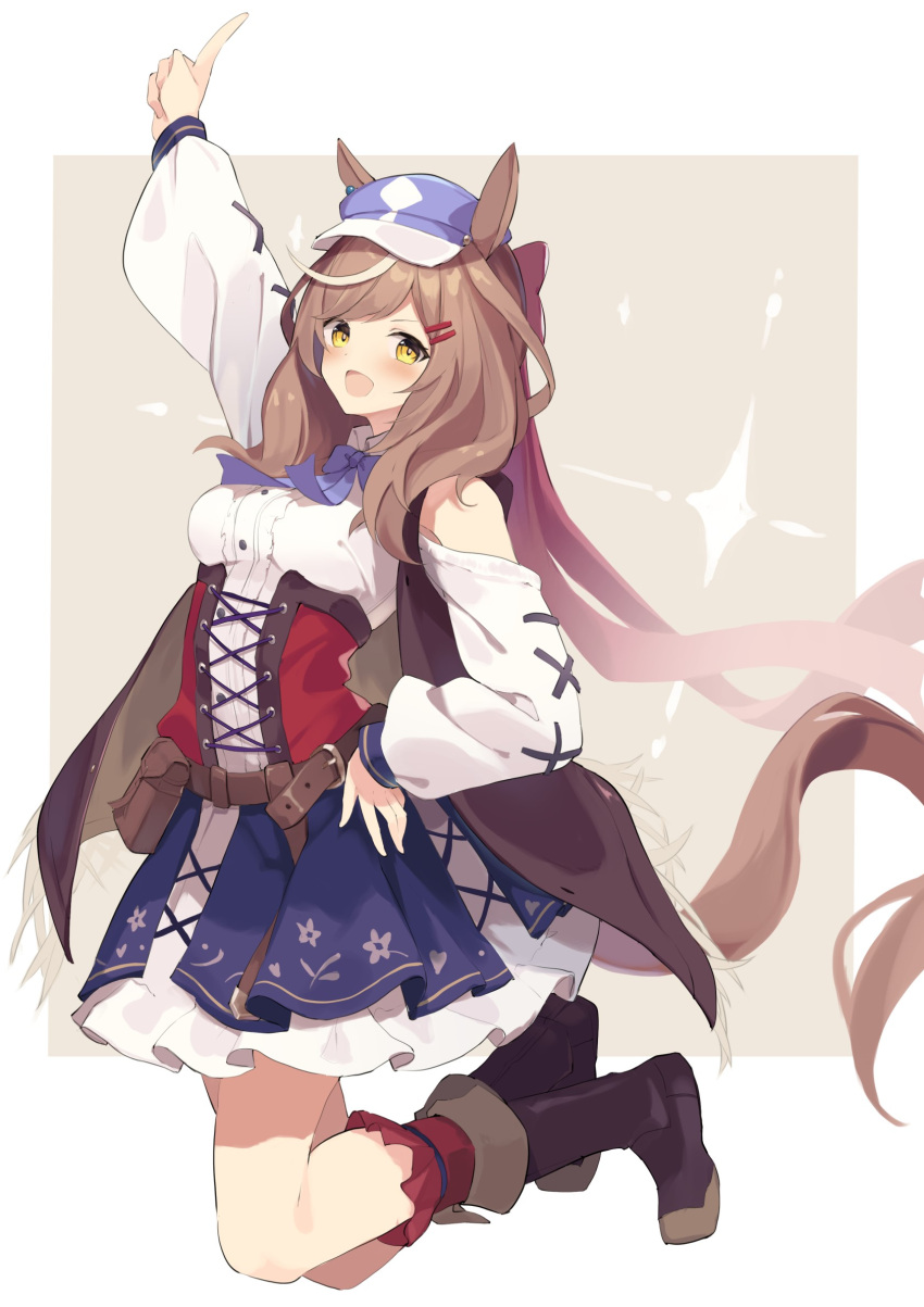 1girl :d animal_ears arm_up bangs bare_shoulders belt belt_buckle black_footwear blue_headwear blue_skirt blush boots brown_belt brown_hair buckle clothing_cutout commentary flat_cap full_body hair_ornament hairclip hand_on_hip hat highres horse_ears horse_girl horse_tail long_hair long_sleeves looking_at_viewer matikane_tannhauser mizu_(lzzrwi603) multicolored_hair open_mouth pleated_skirt puffy_long_sleeves puffy_sleeves red_legwear shirt shoulder_cutout skirt sleeves_past_wrists smile socks solo streaked_hair swept_bangs tail umamusume very_long_hair white_hair white_shirt