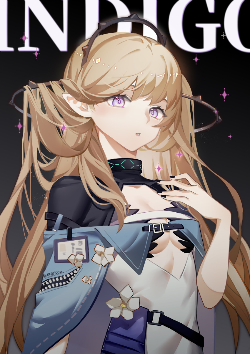 1girl absurdres arknights bangs black_background black_nails brown_hair character_name flower graykn hand_up highres indigo_(arknights) long_hair looking_at_viewer nail_polish parted_lips simple_background solo two_side_up upper_body violet_eyes white_flower