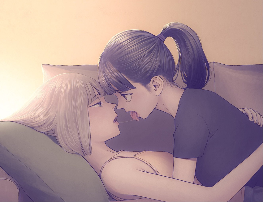 2girls aria_(vampeerz) black_hair blonde_hair couch eye_contact french_kiss hand_on_another's_back higashiyama_shou ichika_(vampeerz) kiss kiss_day light looking_at_another lying multiple_girls ponytail saliva saliva_trail tongue tongue_out upper_body vampeerz yuri