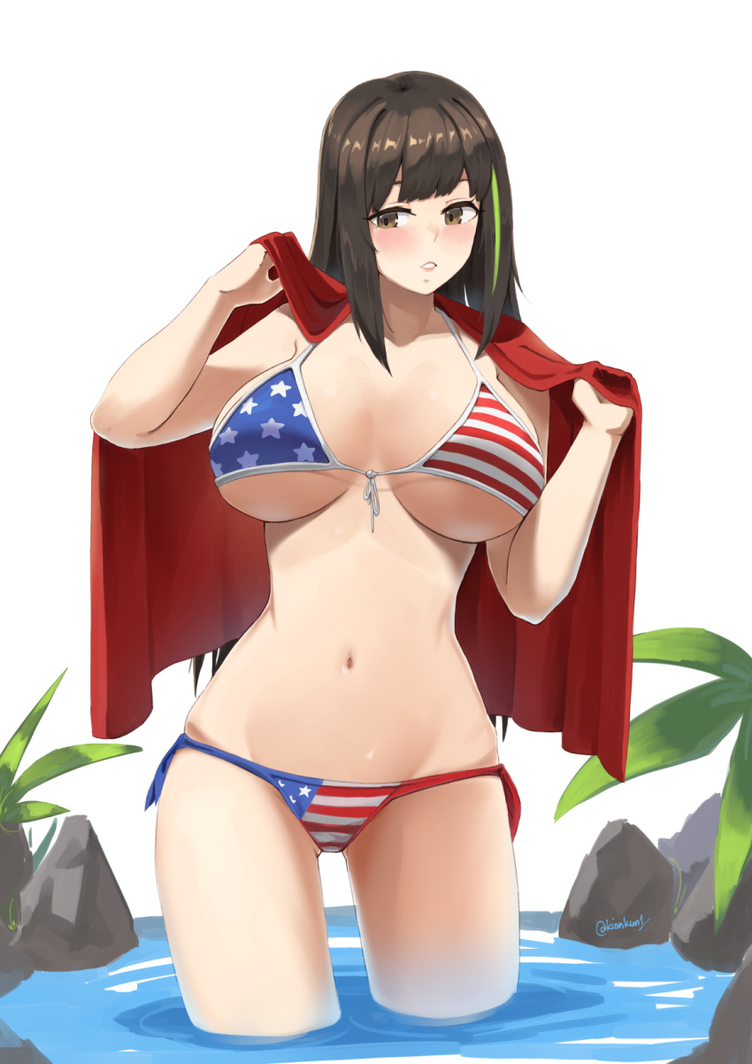 1girl american_flag_bikini ass_visible_through_thighs bare_shoulders bikini blush breasts breasts_apart brown_eyes brown_hair cowboy_shot eyebrows_behind_hair flag_print front-tie_bikini front-tie_top girls_frontline groin halter_top halterneck heart heart-shaped_pupils highres huge_breasts kion-kun lips long_hair looking_away lowleg lowleg_bikini m4a1_(girls_frontline) multicolored_hair navel open_mouth pursed_lips rock side-tie_bikini sidelocks simple_background solo strap_gap streaked_hair swimsuit symbol-shaped_pupils thighs towel twitter_username wading water white_background