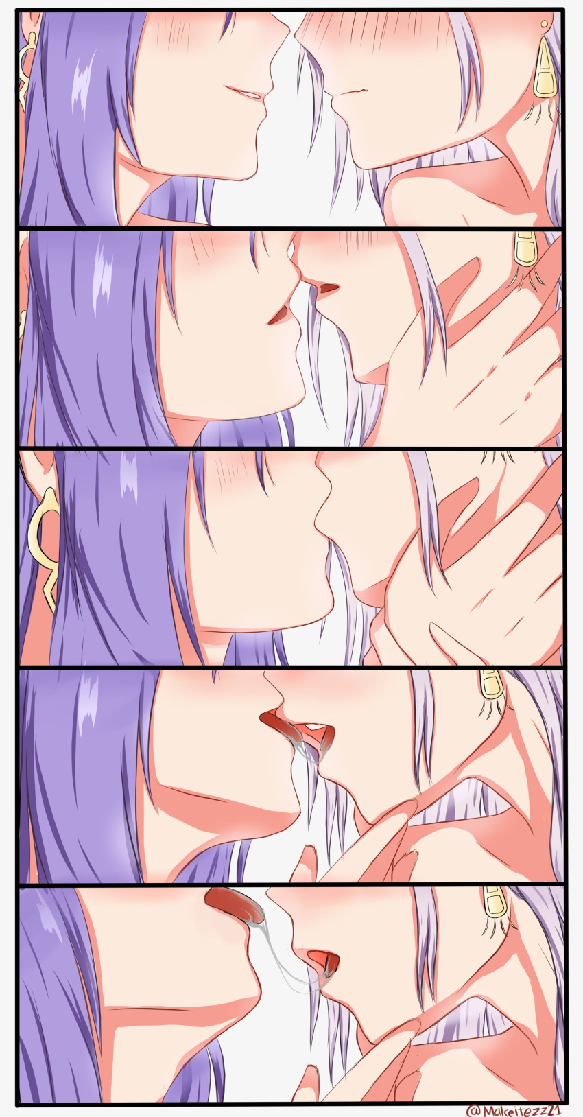 2girls absurdres blush earrings highres hololive hololive_indonesia jewelry kiss licking_lips makeitezz21 moona_hoshinova multiple_girls open_mouth parted_lips pavolia_reine saliva saliva_trail tongue tongue_out twitter_username upper_body virtual_youtuber yuri