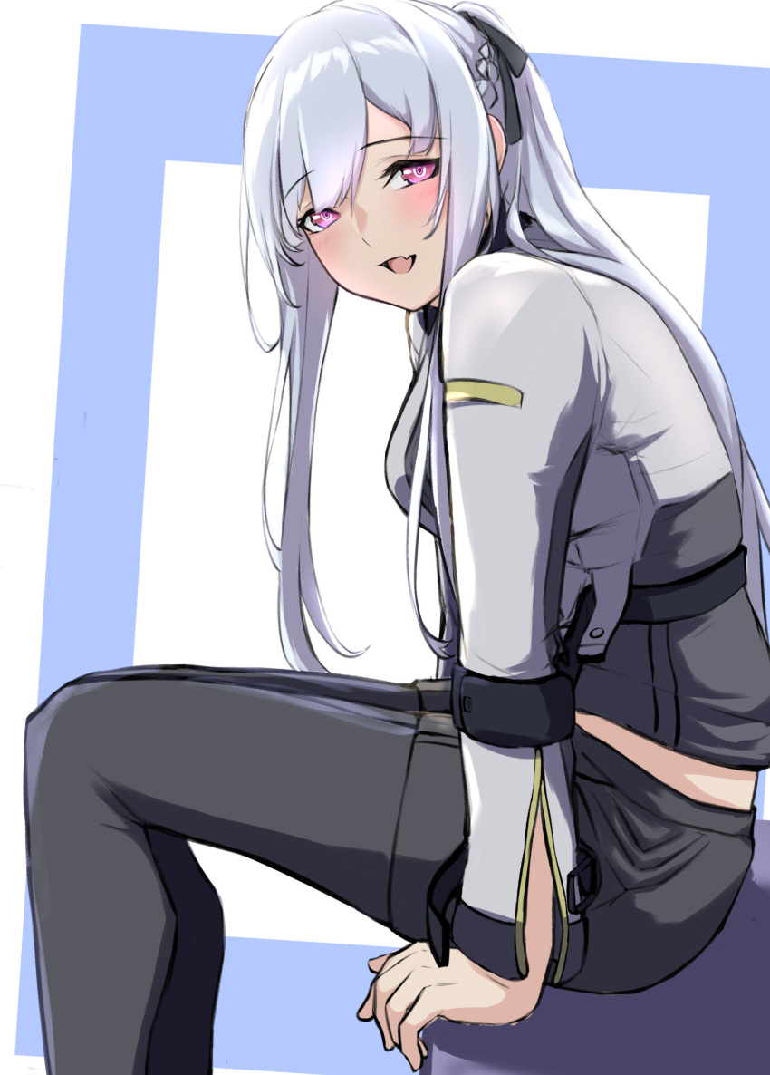 1girl 3_small_spiders ak-12_(girls_frontline) arm_support artificial_eye braid commentary_request french_braid from_side girls_frontline gloves hair_ribbon high_ponytail highres leaning_forward long_hair looking_at_viewer mechanical_eye midriff open_mouth pants pink_eyes ribbon side_ponytail sidelocks silver_hair sitting tactical_clothes