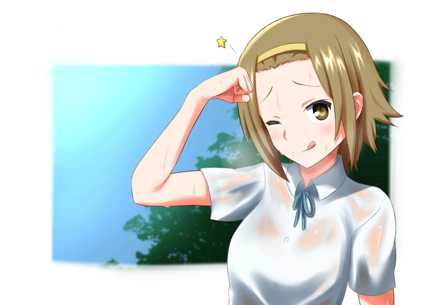 arm_up blue_sky brown_eyes brown_hair buttons clenched_hand collared_shirt framed_image hairband hand_on_head highres hot k-on! looking_at_viewer na_presi one_eye_closed shirt sky summer sweat sweaty_clothes tainaka_ritsu tehepero tongue tongue_out tree white_shirt