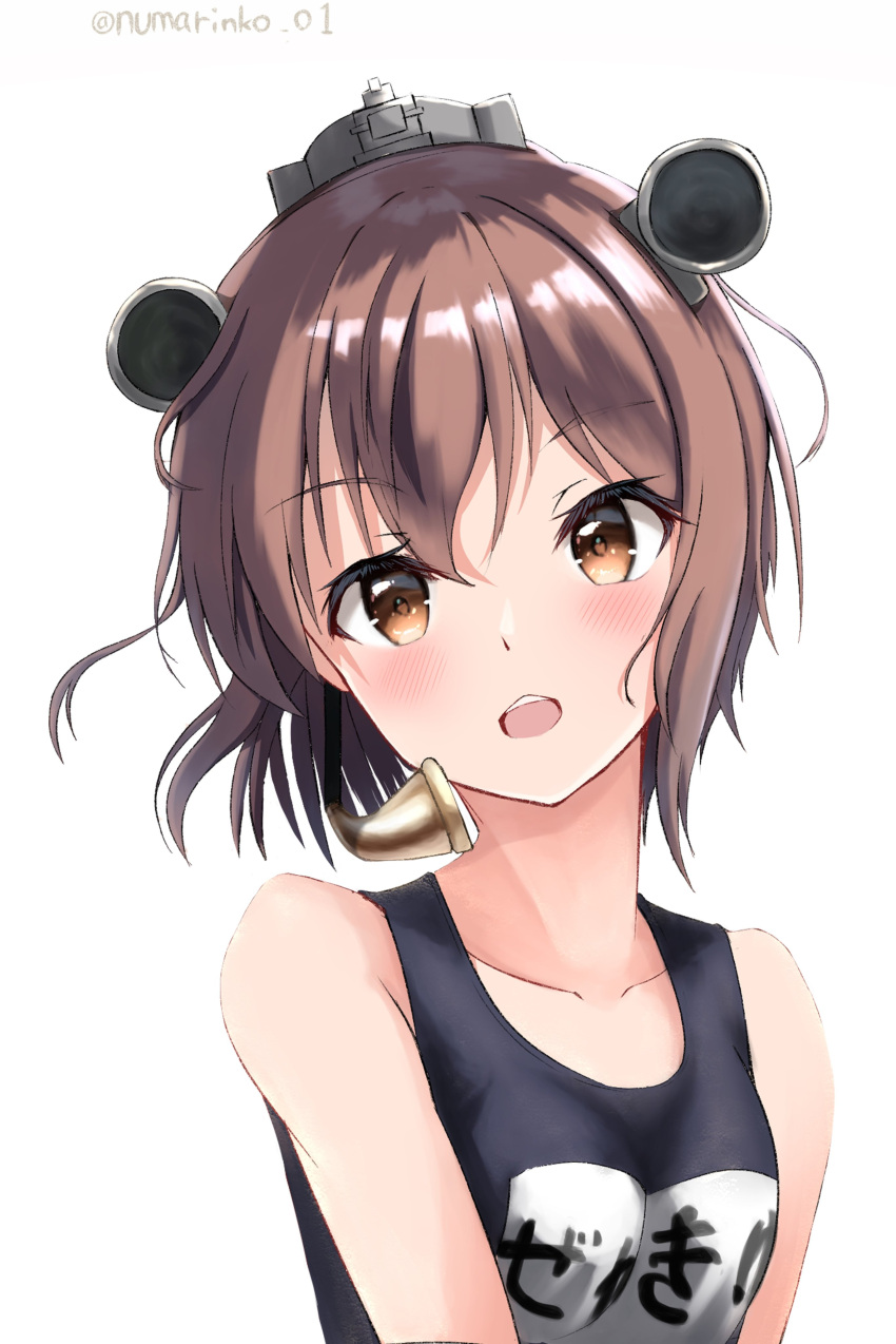 1girl absurdres black_swimsuit brown_eyes brown_hair commentary_request headgear headset highres kantai_collection name_tag numarinko school_swimsuit short_hair simple_background solo speaking_tube_headset swimsuit twitter_username upper_body white_background yukikaze_(kancolle)