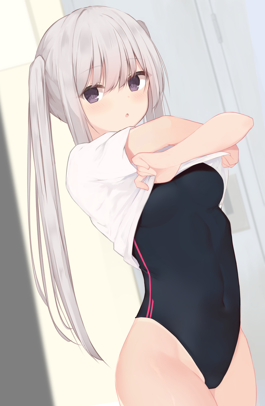 1girl :o absurdres bangs black_swimsuit breasts clothes_lift commentary_request covered_navel eyebrows_visible_through_hair grey_hair groin hair_between_eyes highres indoors lifted_by_self locker locker_room long_hair looking_at_viewer memekko one-piece_swimsuit original parted_lips shirt shirt_lift small_breasts solo swimsuit swimsuit_under_clothes twintails undressing very_long_hair violet_eyes white_shirt