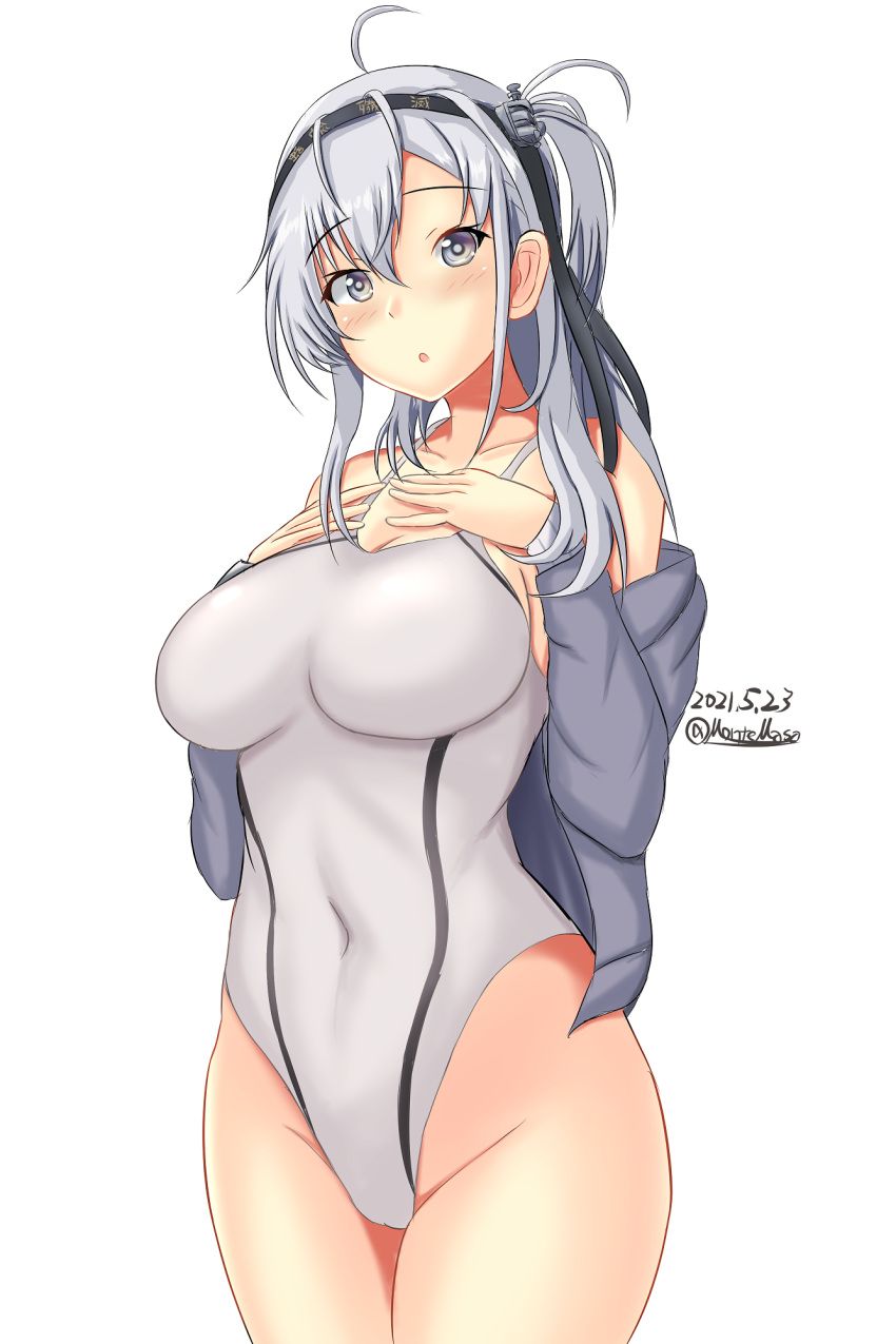 1girl breasts collarbone commentary_request competition_swimsuit cowboy_shot dated grey_eyes grey_jacket highleg highleg_swimsuit highres impossible_clothes impossible_swimsuit jacket kantai_collection long_hair medium_breasts montemasa one-hour_drawing_challenge one-piece_swimsuit one_side_up silver_hair simple_background solo suzutsuki_(kancolle) swimsuit twitter_username white_background