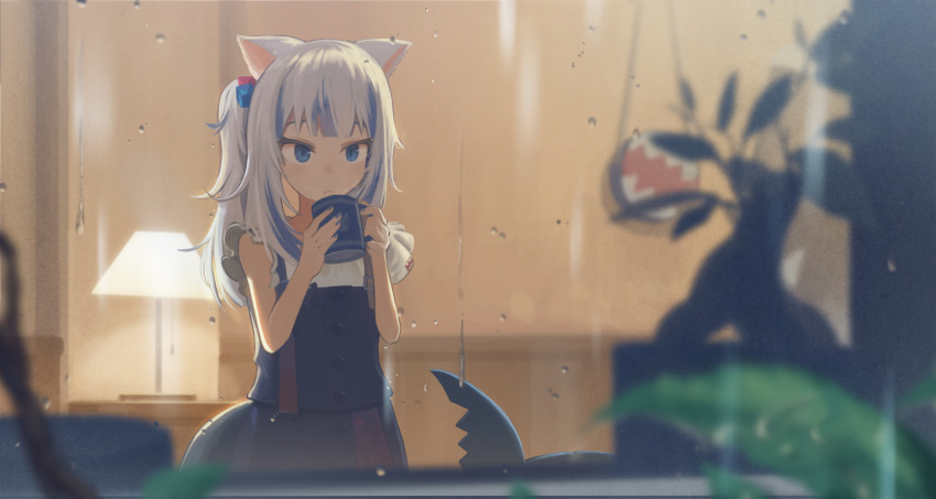 1girl animal_ears bangs blue_eyes blue_hair cat_ears coffee etta fish_tail gawr_gura highres hololive hololive_english looking_at_viewer multicolored_hair open_mouth shark_tail sharp_teeth streaked_hair tail teeth virtual_youtuber