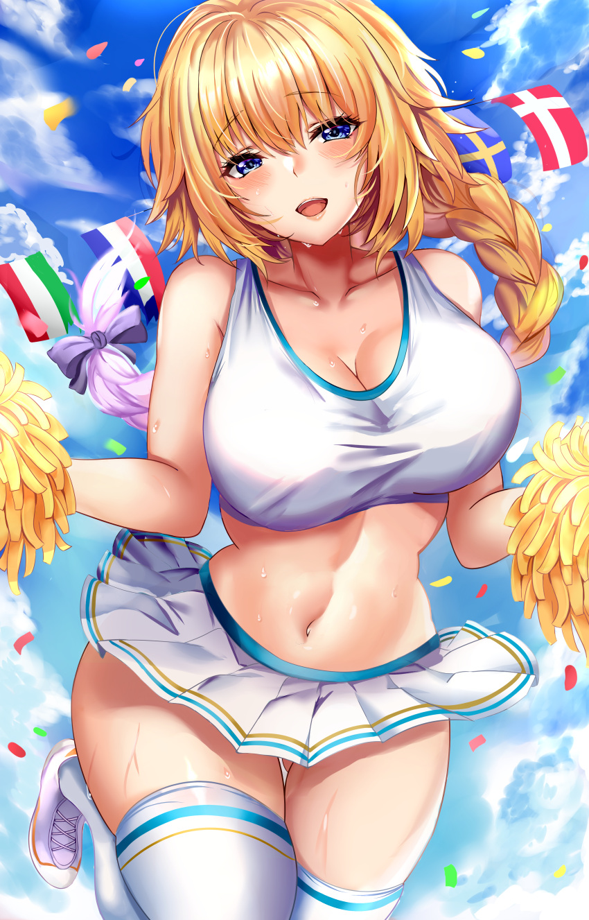 1girl absurdres bangs blonde_hair blue_eyes blush breasts cheerleader crop_top fate/apocrypha fate_(series) highres holding holding_pom_poms huge_filesize jeanne_d'arc_(fate) jeanne_d'arc_(fate)_(all) kuro_(tbm9187) large_breasts long_hair looking_at_viewer midriff navel open_mouth pom_poms skirt smile sweat very_long_hair
