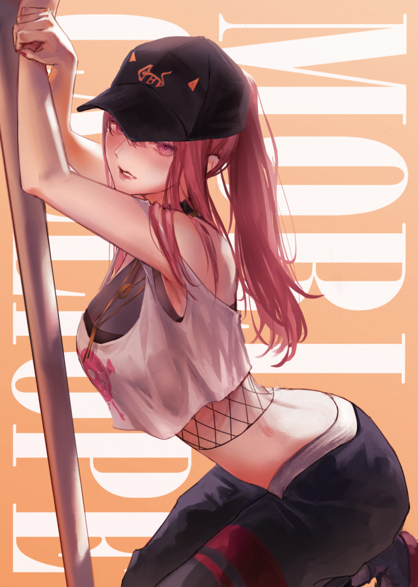1girl armpits bangs baseball_cap bikini black_headwear black_pants blush breasts character_name cosplay crop_top crop_top_overhang crown english_commentary from_side hair_behind_ear hat highres holding holding_staff hololive hololive_english jewelry large_breasts long_hair mori_calliope mr.holmes necklace pants parted_lips pink_hair ponytail shirt solo staff sweatpants swimsuit tied_hair virtual_youtuber white_shirt