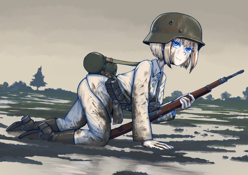 1girl ass blonde_hair blue_eyes boots crawling dirty dirty_clothes dirty_face erica_(naze1940) gun helmet highres holding holding_gun holding_weapon looking_at_viewer mud original short_hair smile solo weapon world_war_ii