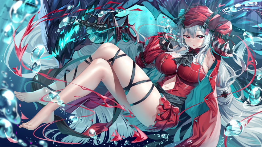 1girl absurdres arknights arm_up armpits bangs barefoot blush breasts clothing_cutout crossed_legs dress full_body gloves grey_gloves highres in_water large_breasts long_hair long_sleeves looking_at_viewer meion navel navel_cutout official_alternate_costume open_mouth red_dress red_eyes silver_hair skadi_(arknights) skadi_the_corrupting_heart_(arknights) thighs water