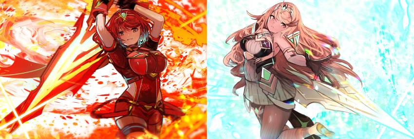 2girls absurdres aegis_sword_(xenoblade) bangs bare_shoulders black_gloves blonde_hair breasts chest_jewel dress earrings elbow_gloves fingerless_gloves gloves highres jewelry large_breasts long_hair mythra_(xenoblade) pyra_(xenoblade) red_eyes red_legwear red_shorts redhead short_dress short_hair short_shorts shorts swept_bangs sword tarbo_(exxxpiation) thigh-highs thigh_strap tiara very_long_hair weapon white_dress white_footwear white_gloves xenoblade_chronicles_(series) xenoblade_chronicles_2 yellow_eyes