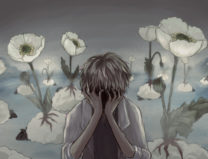 1boy brown_hair commentary_request covering_face dead_animal facing_viewer flower grey_sky halnaga_oyogu hands_on_own_face highres horror_(theme) labcoat original plant sheep solo upper_body water