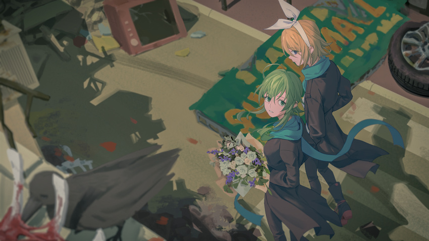 2girls aqua_scarf bird black_bird black_jacket black_pants blonde_hair blue_eyes boots bouquet bow broken commentary flower from_above green_eyes gumi hair_bow hairband highres holding holding_bouquet jacket kagamine_rin looking_at_another looking_at_viewer looking_back looking_up medium_hair multiple_girls pants parted_lips shadow short_hair sidelocks sign standing television tire vocaloid wheel white_bow wounds404