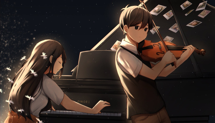 1boy 1girl aarc antenna_hair bangs black_eyes black_hair black_sweater_vest brother_and_sister brown_shorts brown_skirt closed_eyes flower highres instrument long_hair looking_away mari_(omori) music night night_sky omori omori_(omori) orchid playing_instrument playing_piano polaroid sad shirt short_sleeves shorts siblings sitting skirt sky sweater_vest violin white_shirt