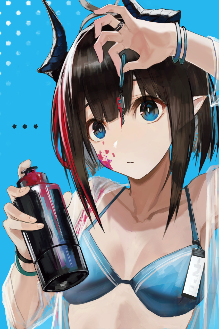 ... 1girl absurdres bikini bikini_top black_hair blue_bikini blue_eyes bracelet can fingernails highres holding holding_can holding_key horns jacket jewelry key kyara-suro multicolored_hair multiple_rings open_clothes open_jacket original paint_on_clothes paint_on_face pointy_ears redhead ring see-through short_hair solo spray_can streaked_hair swimsuit upper_body