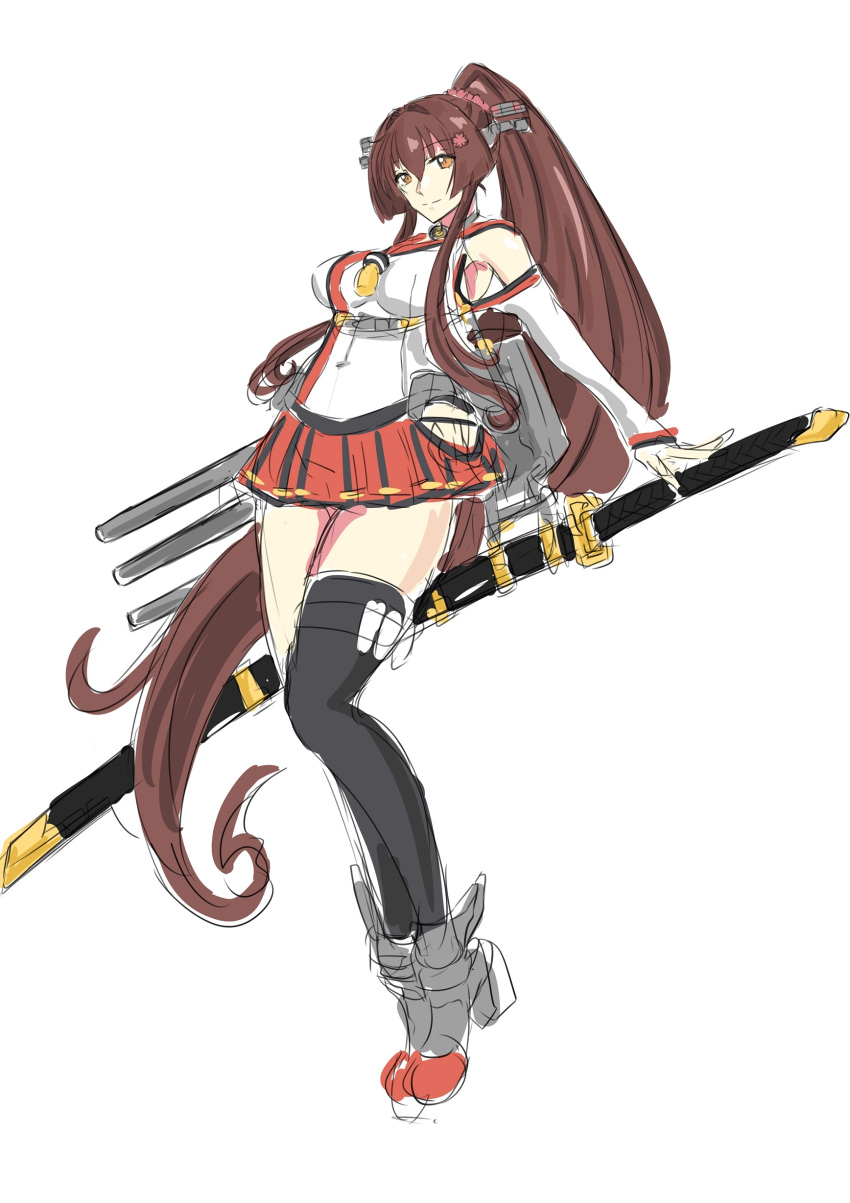 1girl absurdres brown_hair cannon cherry_blossoms commentary_request detached_sleeves full_body hair_ornament headgear highres hip_vent kantai_collection ken_(shutenndouji1) long_hair looking_at_viewer pleated_skirt ponytail red_eyes red_skirt single_thighhigh skirt solo sword thigh-highs weapon yamato_(kancolle)