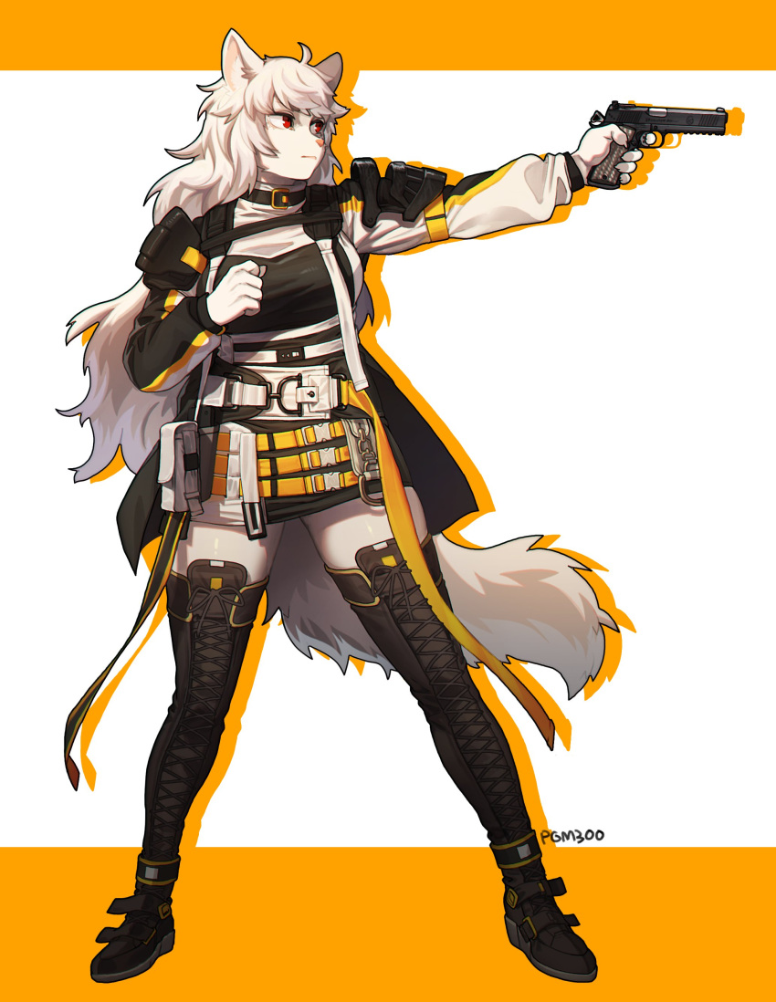 1girl absurdres animal_ears artist_name belt belt_buckle boots breasts buckle commission full_body fur furry furry_female gun handgun highres holding holding_gun holding_weapon large_breasts long_hair long_sleeves m1911 original pgm300 pistol red_eyes simple_background solo standing tail thigh-highs thigh_boots two-tone_background watermark weapon white_hair yellow_background zettai_ryouiki