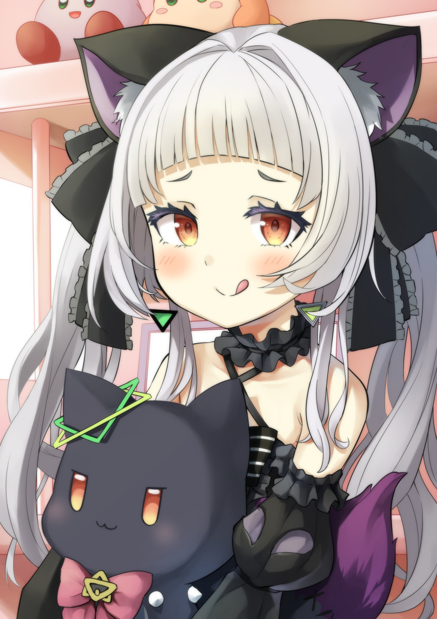 1girl :3 :q absurdres animal animal_ears bangs black_bow black_cat blunt_bangs bow cat cat_ears closed_mouth criss-cross_halter earrings hair_bow halter_dress halterneck hexagram highres holding holding_animal hololive indoors jewelry kirby kirby_(series) long_hair looking_at_viewer murasaki_shion pegashi pink_bow sidelocks silver_hair smile tongue tongue_out upper_body virtual_youtuber waddle_dee