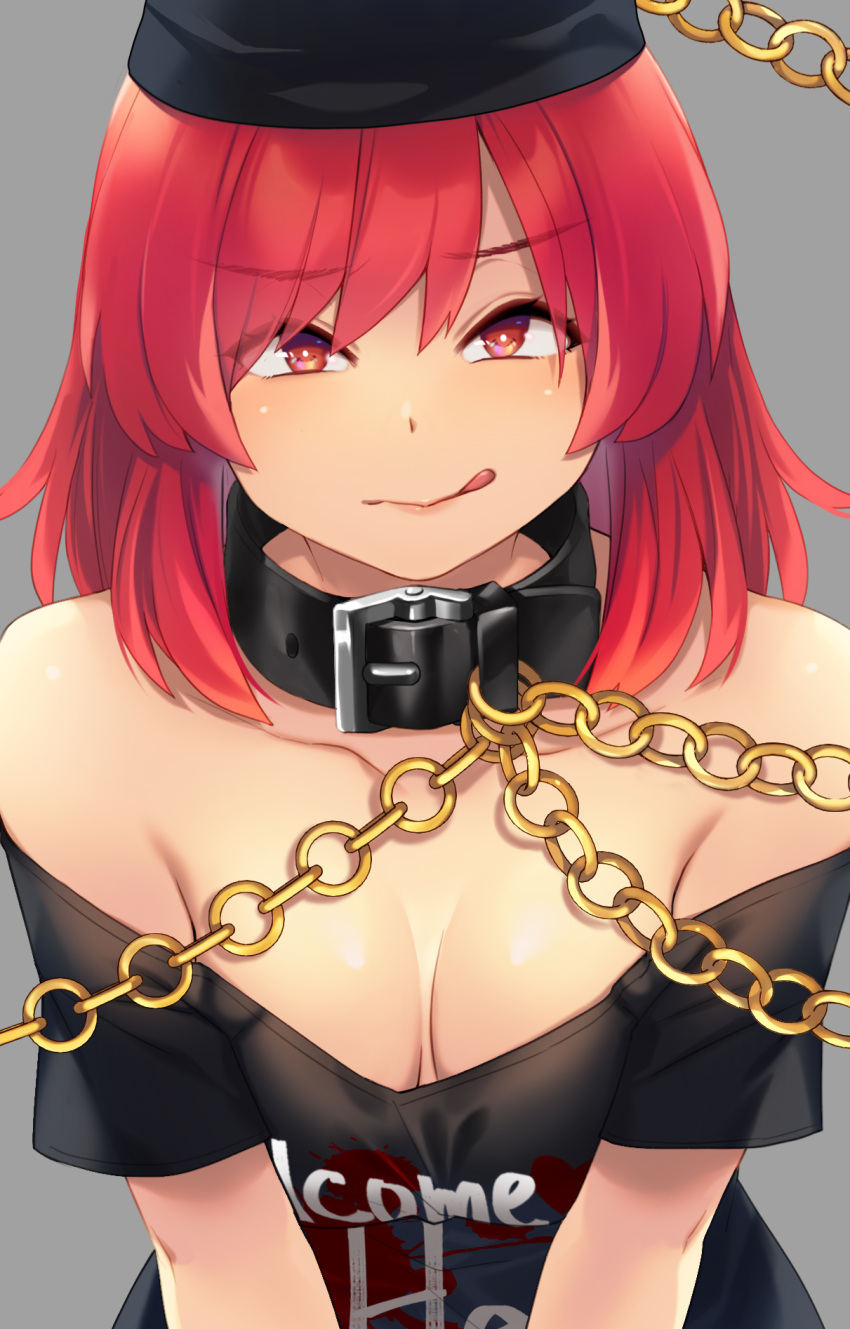 1girl bangs black_clothes breasts chain clothes_writing eyebrows_visible_through_hair eyes_visible_through_hair gold_chain grey_background hair_between_eyes hecatia_lapislazuli highres looking_at_viewer medium_breasts polos_crown red_eyes redhead short_hair simple_background solo tarmo touhou