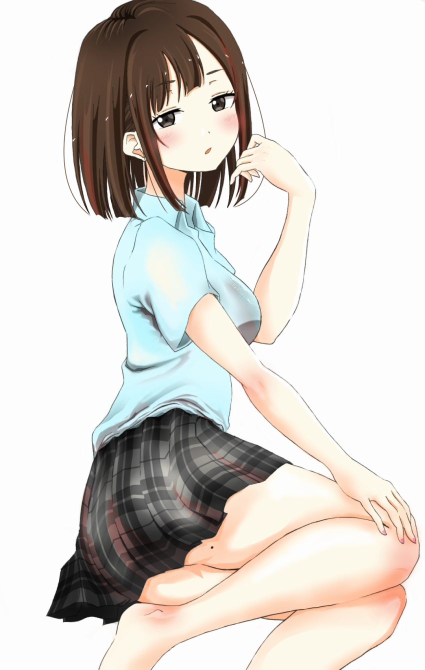 1girl bangs barefoot black_eyes blue_shirt blush brown_hair foot_out_of_frame gohan_taberunen highres looking_at_viewer medium_hair mole mole_on_ass original plaid plaid_skirt school_uniform shirt short_sleeves simple_background skirt solo thighs white_background