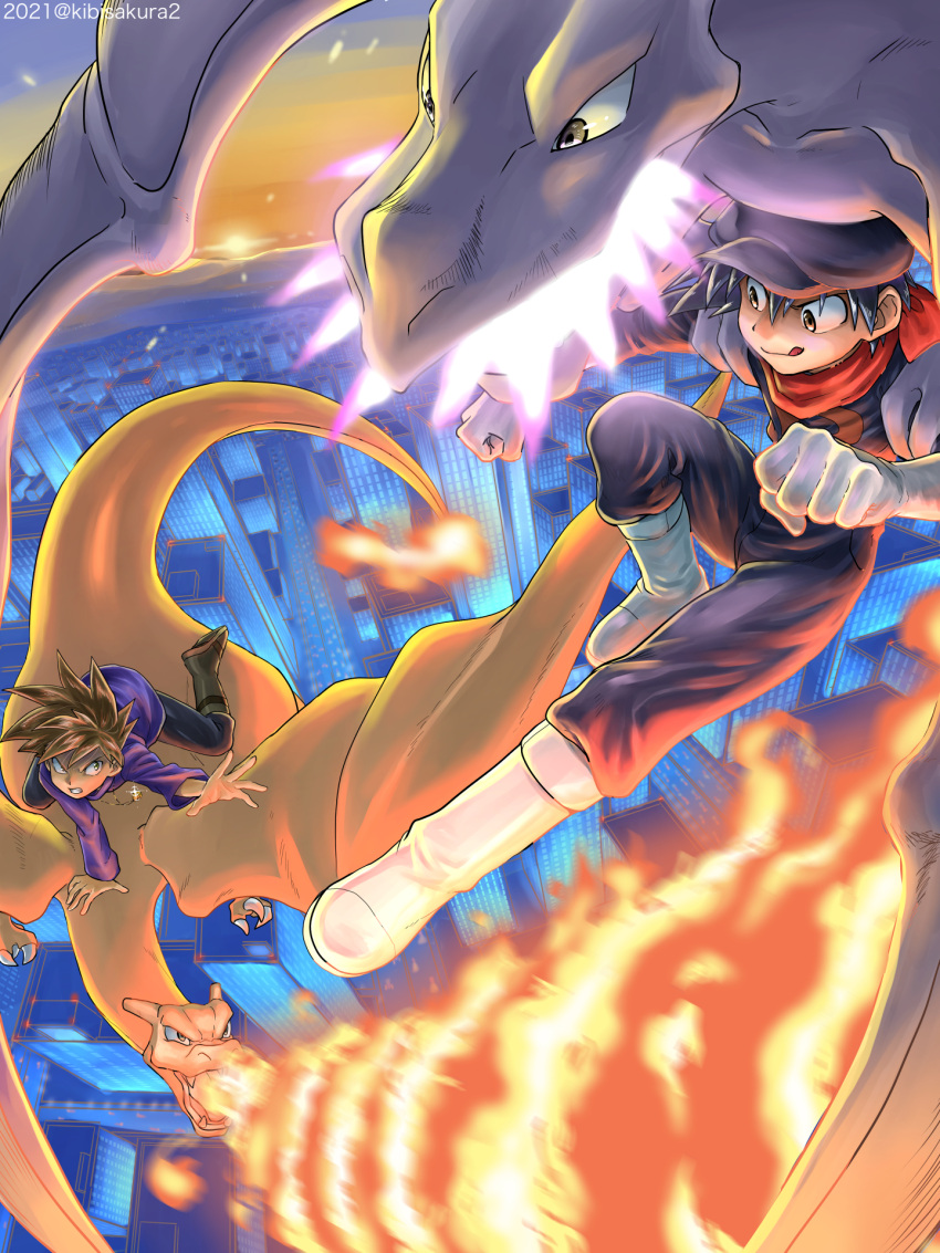 2boys :q aerodactyl bangs black_hair blue_oak boots breathing_fire brown_footwear brown_hair charizard city clenched_hands closed_mouth commentary_request fire gen_1_pokemon gloves grey_headwear grey_pants hat highres jacket kibisakura2 male_focus multiple_boys outdoors pants pokemon pokemon_adventures purple_shirt red_(pokemon) red_scarf riding_pokemon scarf shirt smile spiky_hair tongue tongue_out white_footwear white_gloves
