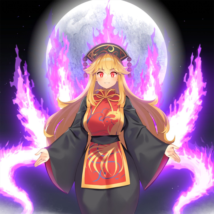 1girl bangs black_dress black_headwear black_sleeves breasts chinese_clothes crescent dress earth_(planet) eyebrows_visible_through_hair hair_between_eyes hat highres junko_(touhou) large_breasts long_hair long_sleeves looking_at_viewer orange_hair planet red_eyes smile solo tarmo teeth touhou yellow_neckwear
