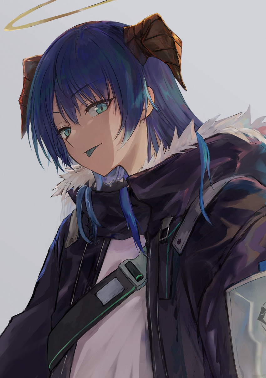 1girl arknights black_jacket blue_eyes blue_hair blue_tongue colored_tongue commentary demon_horns expressionless fur-trimmed_hood fur-trimmed_jacket fur_trim gloves halo highres hood horns jacket konota_ko long_hair long_sleeves looking_at_viewer looking_to_the_side mostima_(arknights) open_clothes open_jacket shirt sideways_glance simple_background smile snap-fit_buckle solo tongue tongue_out upper_body white_background white_shirt