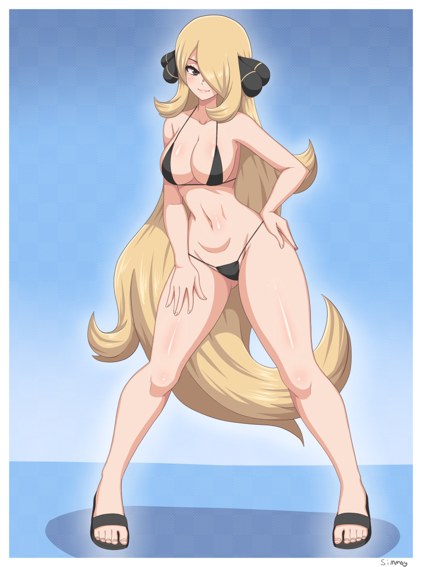1girl absurdly_long_hair absurdres ass_visible_through_thighs bikini black_bikini black_swimsuit blonde_hair border breasts closed_mouth collarbone cynthia_(pokemon) fingernails full_body grey_eyes groin hair_ornament hair_over_one_eye hand_on_hip hand_on_own_thigh highres large_breasts leaning_to_the_side long_hair looking_at_viewer micro_bikini navel pokemon pokemon_(game) pokemon_dppt pose sandals simmsy smile solo standing stomach swimsuit toes very_long_hair